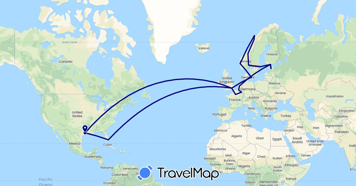 TravelMap itinerary: driving in Belgium, Denmark, Estonia, Finland, France, United Kingdom, Luxembourg, Netherlands, Norway, Sweden, United States (Europe, North America)